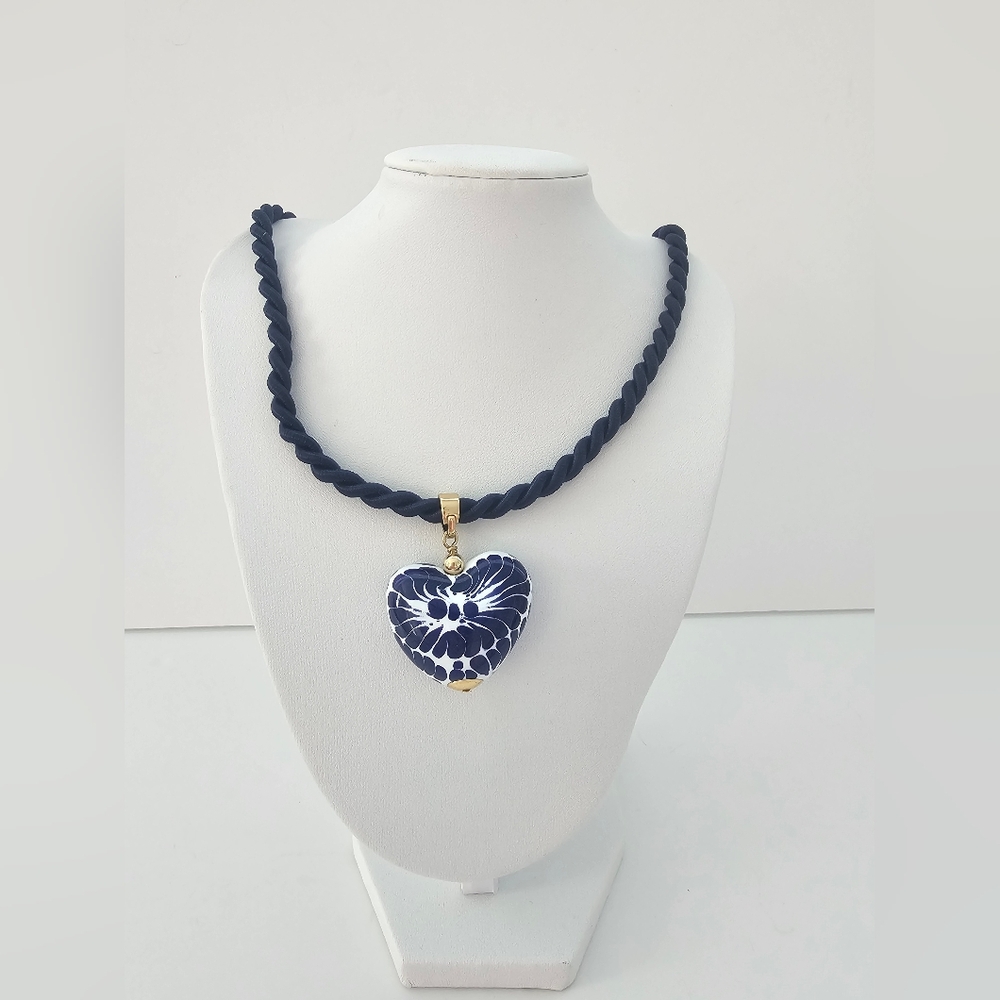 Hand-Painted Mexican Talavera Heart Necklace - Blue & White Cobalt Ceramic